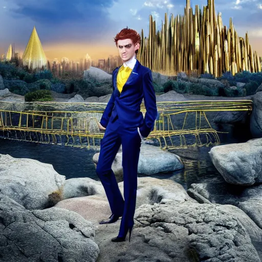 Image similar to portrait of a beautiful androgynous actress with long messy spiked auburn hair, golden eyes, and tufted elf ears and dressed in a blue men's suit with a yellow tie, standing on a stone bridge with a fantasy metropolis of tall stone towers in the background