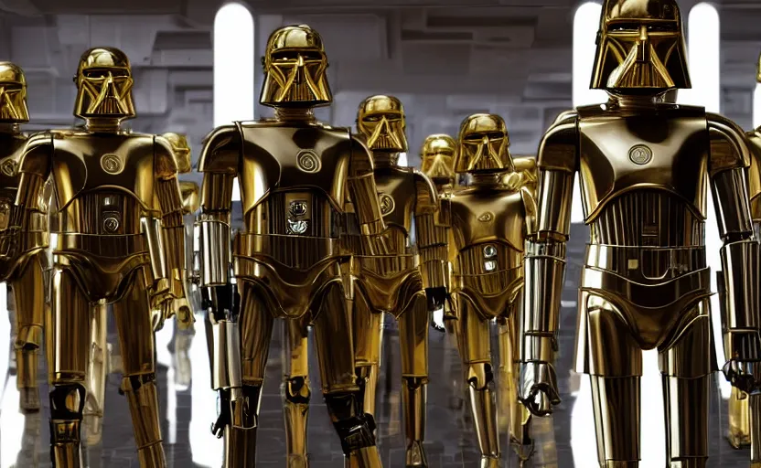 Image similar to screenshot portrait of Luke Skywalker with a fleet of chrome C-3P0 droids, iconic scene from 1980s film by Stanley Kubrick, 4k, cinematic still frame, surreal sci fi architecture, portrait photoreal Mark Hammill, detailed face, moody lighting, anamorphic lenses, stunning cinematography, hyper detailed, sharp, 4k, HD