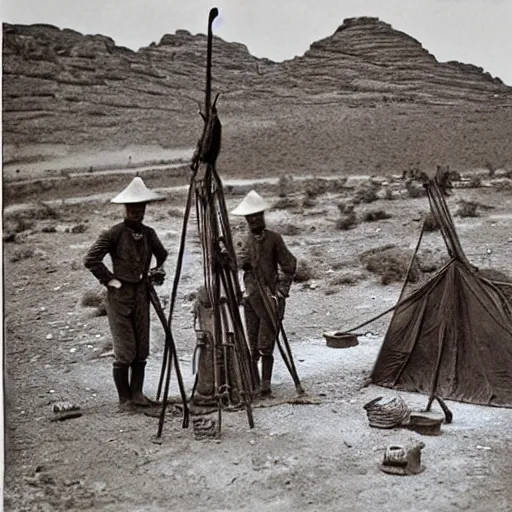 Prompt: ultra detailed photorealistic sepia - toned photograph from 1 9 1 7, a british officer in field gear standing at an archaeological dig site in wadi rum, ultra realistic, painted, intricate details, lovecraft, atmospheric, dark, horror, brooding, highly detailed, by angus mcbride