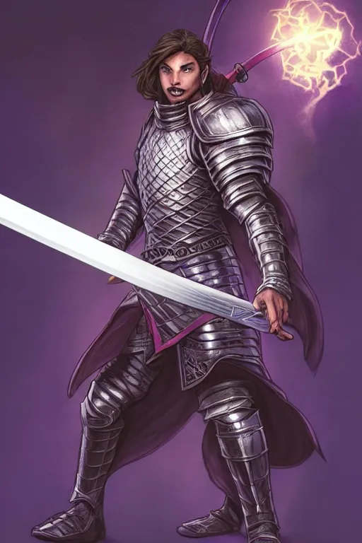 Image similar to comic book drawing of a handsome knight holding magical sword, purple energy, highly detailed, d & d, fantasy, highly detailed, digital painting, trending on artstation, concept art, sharp focus, illustration, global illumination, ray tracing, realistic shaded, art by artgerm and greg rutkowski and fuji choko and viktoria gavrilenko and hoang lap