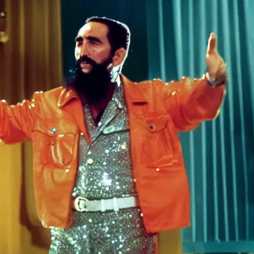 Prompt: A still of Fidel Castro wearing a disco suit in Saturday Night Fever