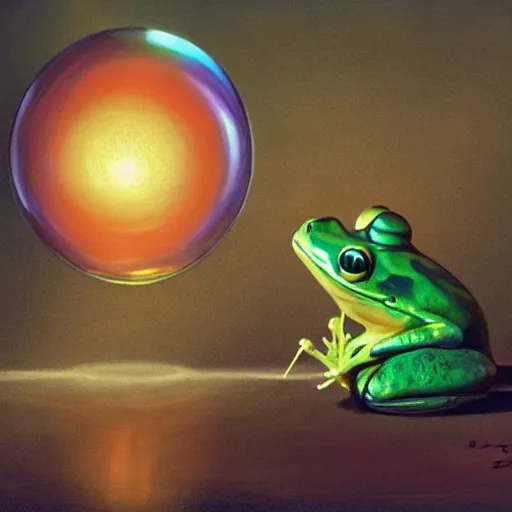 Image similar to long shot of a very cute frog playing with a rainbow glas balls, concept art, by esao andrews, by m. w. kaluta, volumetric light, surrealism, rich colors, very humorous!!! oil painting, realistic reflections, smooth, depth perception, high depth of field, 4 k, unreal engine 5, ultradetailed, hyperrealistic, artstation