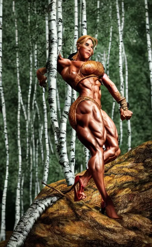 Image similar to photo of bodybuilder woman posing in birch forest in jeff koons hip hop bauhaus style, beautiful detailed face, ultra realistic, concept art, intricate details, serious, highly detailed, photorealistic, octane render, 8 k, unreal engine, art by todd mcfarlane