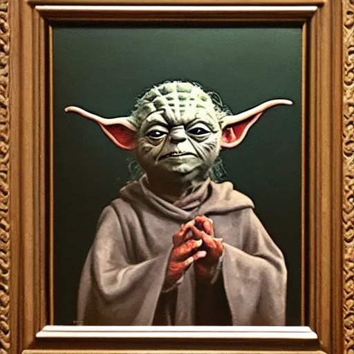 Image similar to a portrait painting of yoda from star wars in a renaissance style hanging in the louvre