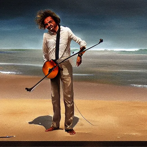 Prompt: albert einstein on tropical beach playing violin by greg rutkowski hyper realistic award winning