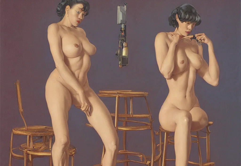 Image similar to A woman sitting on a stool, in the style of Hajime Sorayama, extremely detailed masterpiece, oil on canvas, low-key neon lighting, artstation, Blade Runner 2049, Roger Deakin’s cinematography, by J. C. Leyendecker and Peter Paul Rubens and Edward Hopper and Michael Sowa,