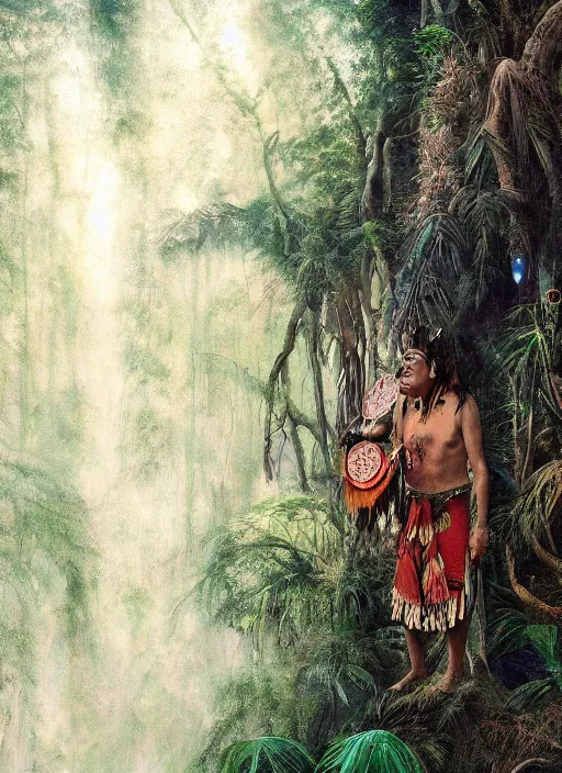 Image similar to a beautiful painted portrait of an indigenous shaman chanting in the jungle, matte painting, fantasy art, ayahuasca