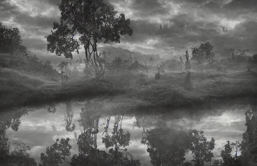 Prompt: reflection of the hills actually impossible intact flawless ambrotype from 4 k criterion collection remastered cinematography gory horror film, ominous lighting, evil theme wow photo realistic postprocessing illusion of depth render by gregory crewdson royal garden design by andre le notre