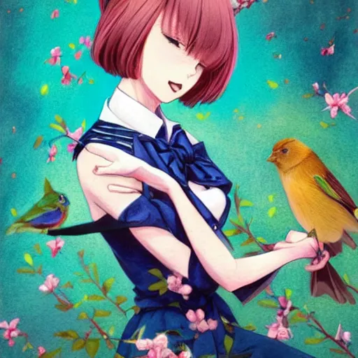 Prompt: colored pencil, anime art, beautiful full body female pinup girl, she is holding an indigo bunting bird, in her hand, the bird is wearing a bowtie, wlop, rossdraws sakimimichan, ilya kuvshinov, krenz cushart