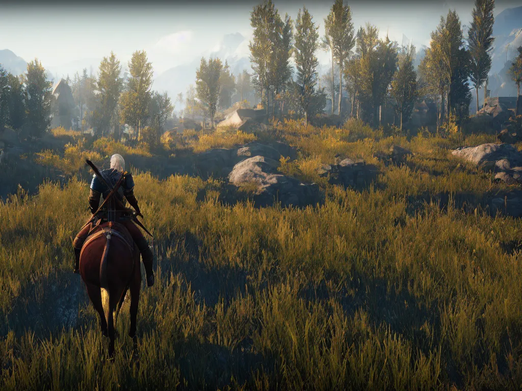 Prompt: beautiful the witcher 3 mod adds full global illumination to the game, sunbeams, volumetric fog, atmospheric scattering, caustics, rtx mod, ultra high extreme settings, realism mod, realistic light propagation, amazing landscape