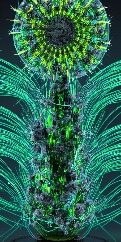 Image similar to 3 d photographic render of mandelbulb sculpture, neon circles, chrometype, made of liquid metal, neotribal with thorns and green thunders, cyberpunk, raytracing, hyper realistic, volumetric lightning, 8 k, by zhelong xu and ouchh studio