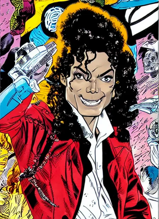 Image similar to dynamic macro head portrait of beautifu michael jackson super hero in white sequined jacket by cory walker and ryan ottley and jack kirby and barry windsor - smith, comic, illustration, photo real