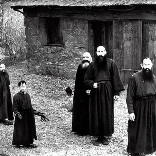 Image similar to photo of breton monks looking like rasputin, with a goat