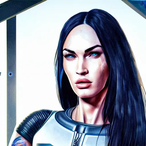 Image similar to Megan Fox portrait, Cyberpunk 2077, ultra photorealistic, cybernetic body parts