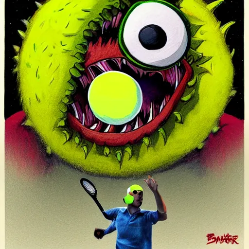 Image similar to a tennis ball monster ,tennis ball, chalk, digital art, fantasy, magic, trending on artstation, ultra detailed, professional illustration by Basil Gogos