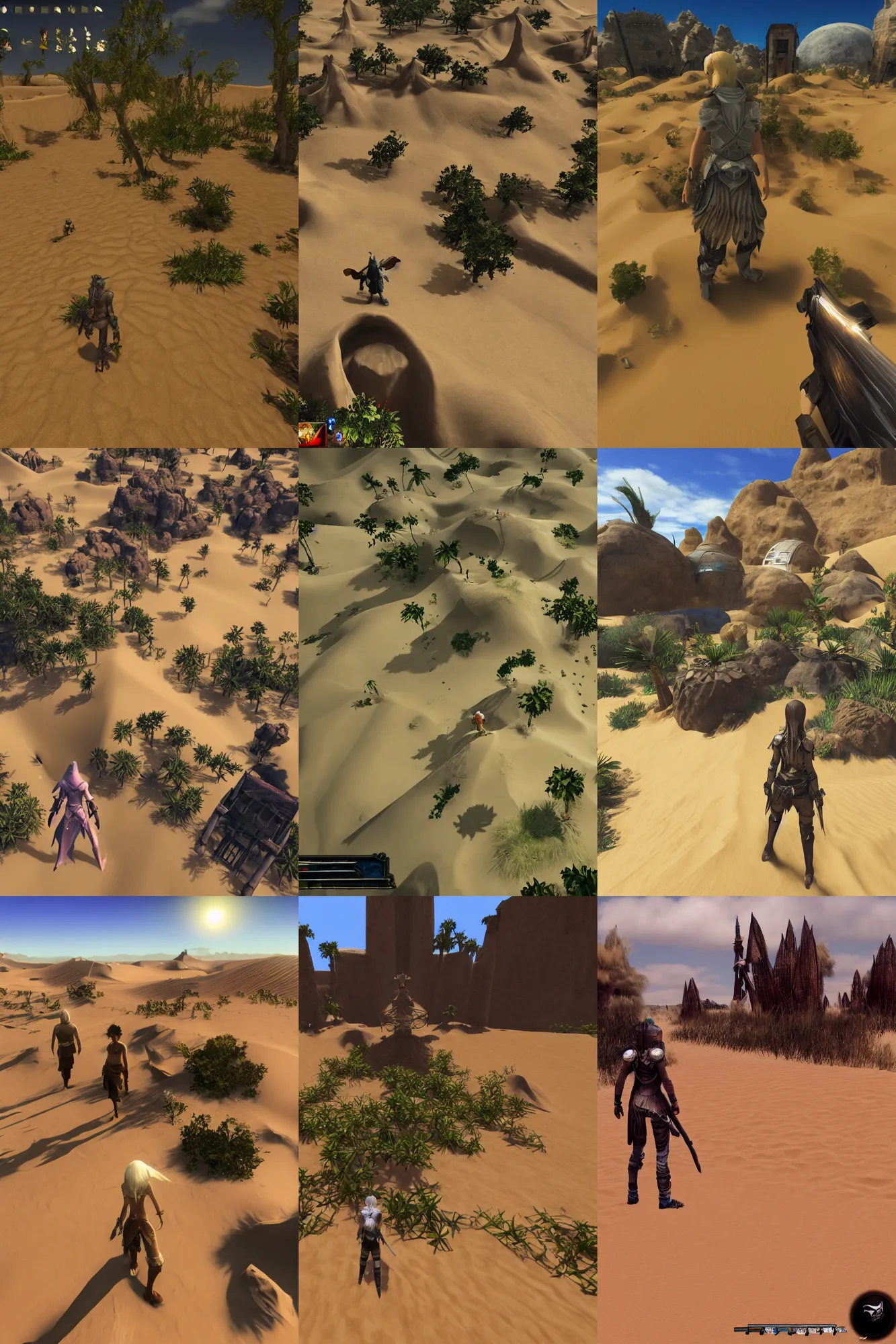 Prompt: gameplay walkthrough 3 rd person adventure game spiritual alien village in lush oasis of a vast flat empty sand desert with dunes, screenshot, final fantasy, square enix, jrpg, unreal engine, next gen graphics, rtx, cutscene