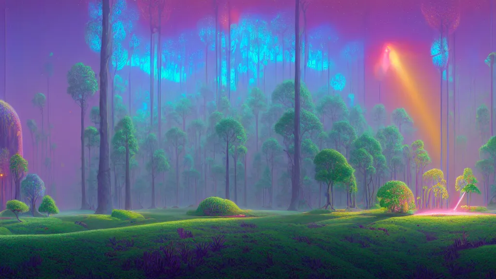 Image similar to highly detailed holographic iridescent glowing ethereal sci fi world with forests, deserts, oceans, at dusk, by gilbert williams, by simon stalenhag, by beeple, by bruce pennington, by moebius, octane render, with many different pastel shades of blue pink orange yellow green, beautiful volumetric lighting, prismatic fire