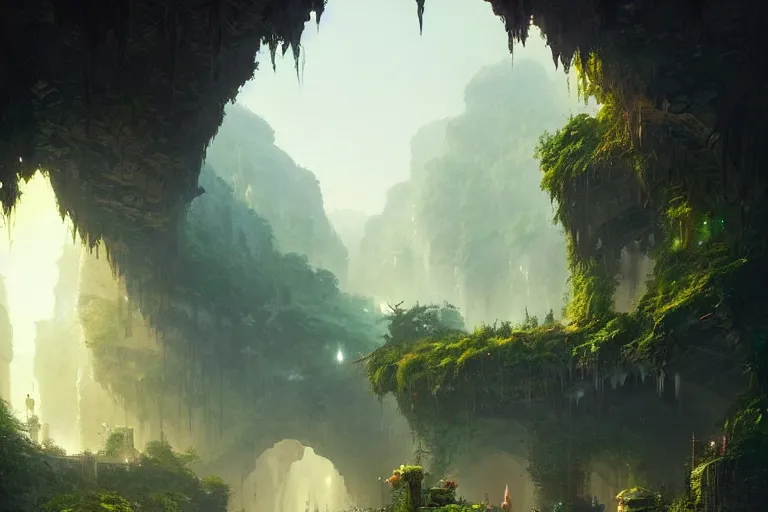 Prompt: City hidden in a cave, natural light, lush plants and flowers, elegant, intricate, fantasy, atmospheric lighting, by Greg rutkowski, trending on artstation