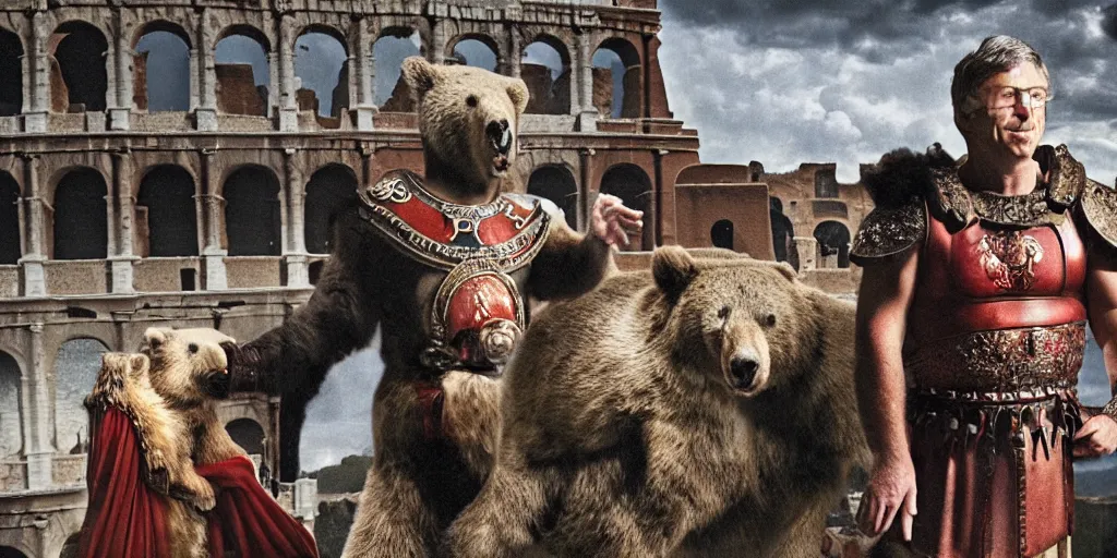 Prompt: Bill Gates dressed as a roman gladiator in front of an angry bear in the Colosseum. Film scene. Dramatic lightning. 4k.