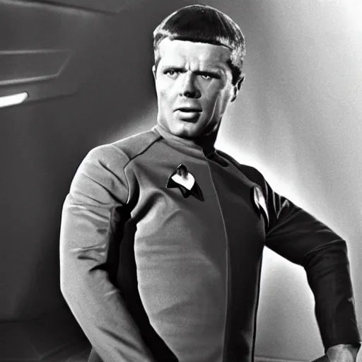 Prompt: black and white photo ofEddie Murphy in Star Trek 1966.