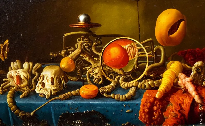 Image similar to disturbing colorful oil painting dutch golden age vanitas still life with bizarre objects strange gooey surfaces shiny metal bizarre insects rachel ruysch dali todd schorr very detailed perfect composition rule of thirds masterpiece canon 5 0 mm, cinematic lighting, photography, retro, film, kodachrome