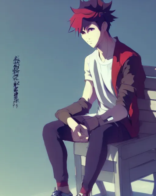 Image similar to handsome masculine man wearing fashionable street attire, sitting down with an intimidating appearance, octane render, unreal engine 5, trending on pixiv fanbox, by greg rutkowski makoto shinkai takashi takeuchi studio ghibli, akihiko yoshida