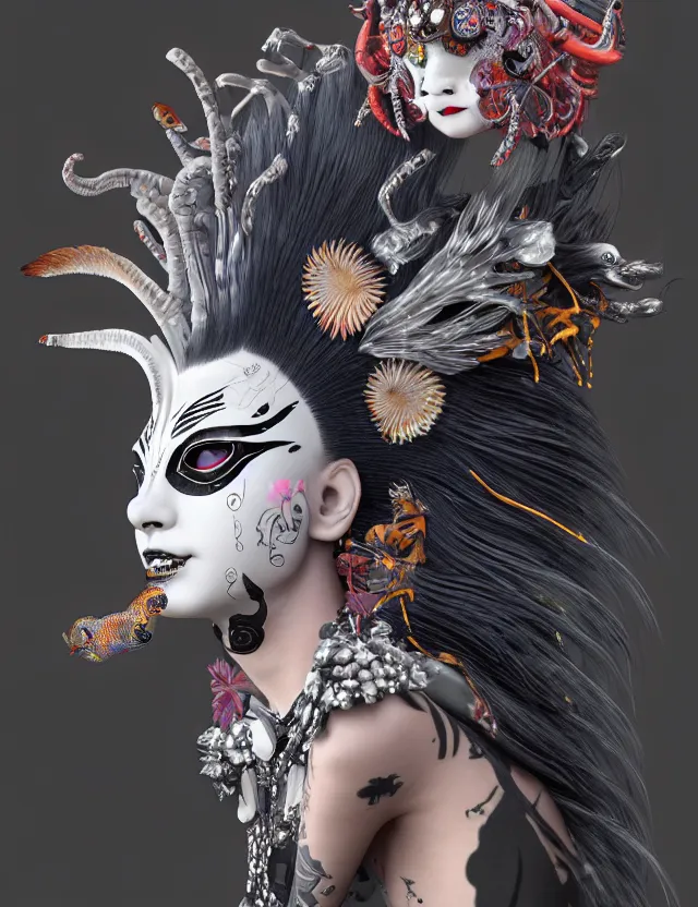 Image similar to 3 d goddess close - up profile portrait punk with mohawk with ram skull. beautiful intricately detailed japanese crow kitsune mask and clasical japanese kimono. betta fish, jellyfish phoenix, bio luminescent, plasma, ice, water, wind, creature, artwork by tooth wu and wlop and beeple and greg rutkowski