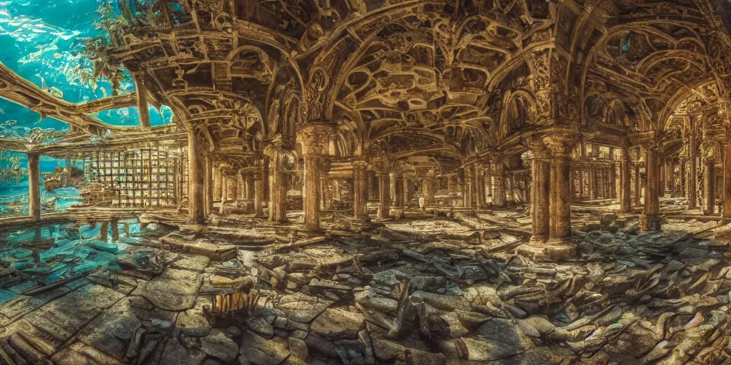 Prompt: mc donald's ruins underwater, wide shot, intricate details, caustics