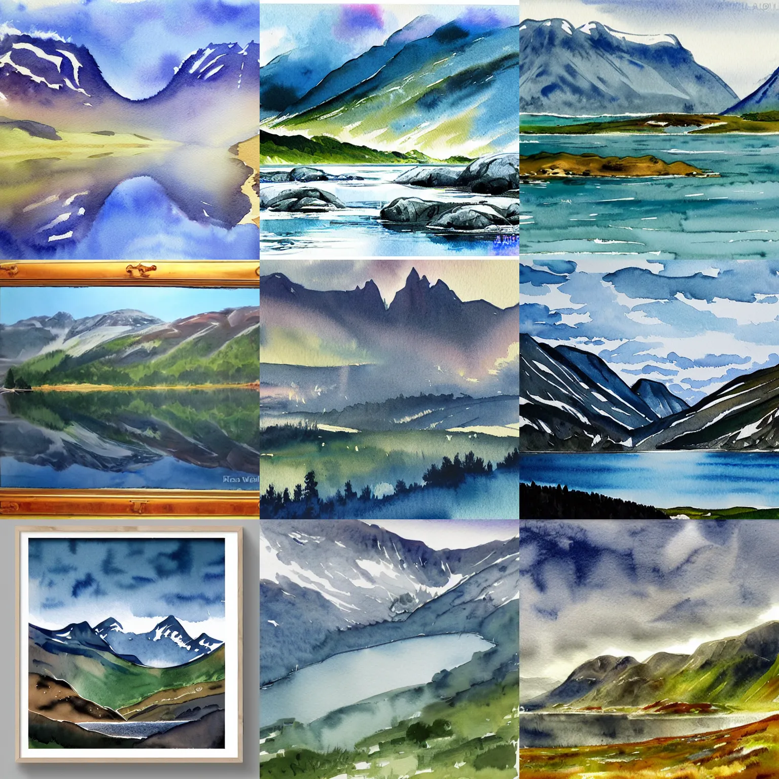 Prompt: watercolor epic norwegian landscape