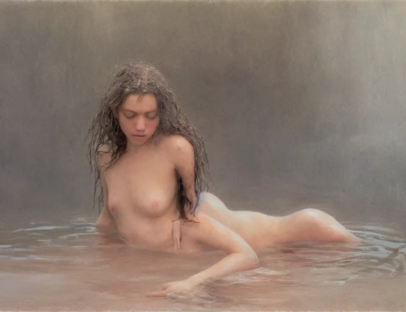 Image similar to peasant with wet hair taking a bath, cottage core, cinematic focus, polaroid photo bleached vintage pastel colors high - key lighting, soft lights, foggy, by steve hanks, by lisa yuskavage, by serov valentin, by tarkovsky, 8 k render, detailed, oil on canvas