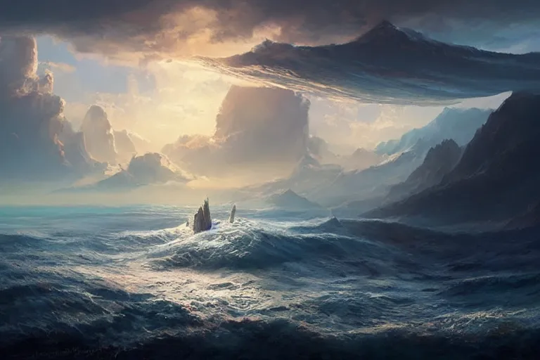 Image similar to the sky is an upside down ocean filled with fish, a mountain rises into the ocean from below, fantasy painting by jessica rossier