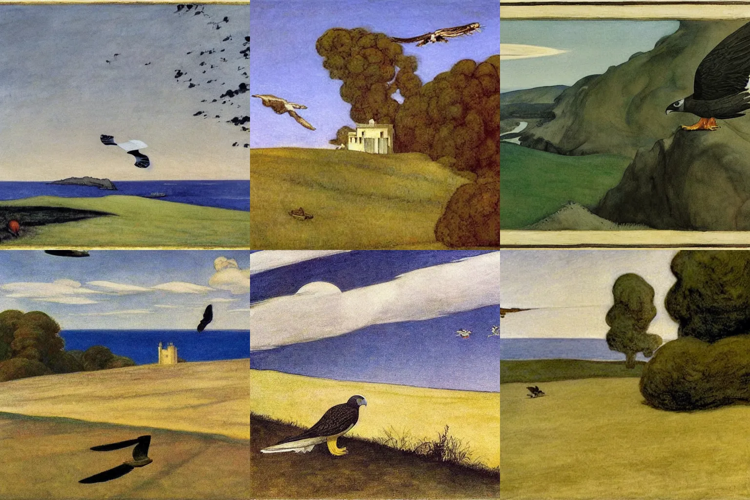 Prompt: landscape with falcon circling. painting by edward hopper, arthur rackham and milo manara