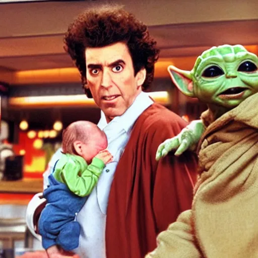 Image similar to cosmo Kramer from Seinfeld holding baby Yoda inside of a pizza hut, realistic, unreal, cinematic