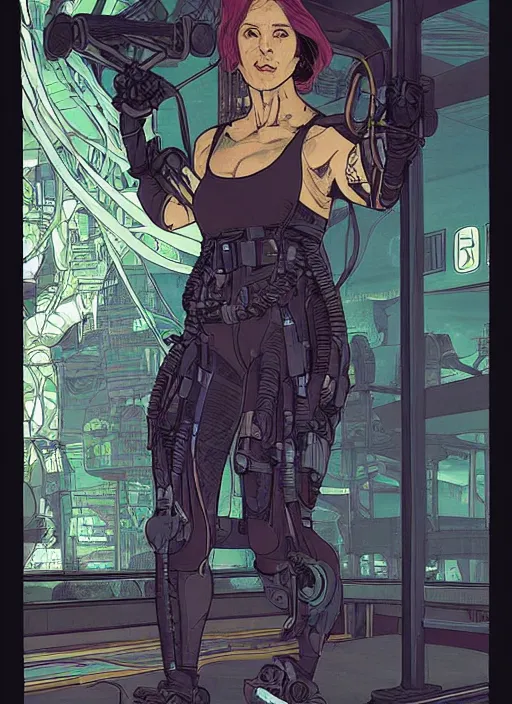 Image similar to cyberpunk fitness coach. portrait by ashley wood and alphonse mucha and laurie greasley and josan gonzalez and james gurney. spliner cell, apex legends, rb 6 s, hl 2, d & d, cyberpunk 2 0 7 7. realistic face. character clothing. vivid color. dystopian setting.