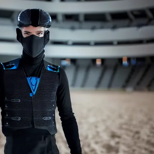 Prompt: medium face shot of adult Austin Butler dressed in black-prussian blue futuristic-tudoresque clothing with embroidered-Ram-emblem, and nanocarbon-vest, in an arena in Dune 2021, XF IQ4, f/1.4, ISO 200, 1/160s, 8K