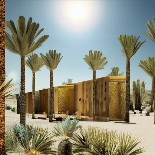 Image similar to biophilic hotel in the desert, high detaild, realistic, golden ratio