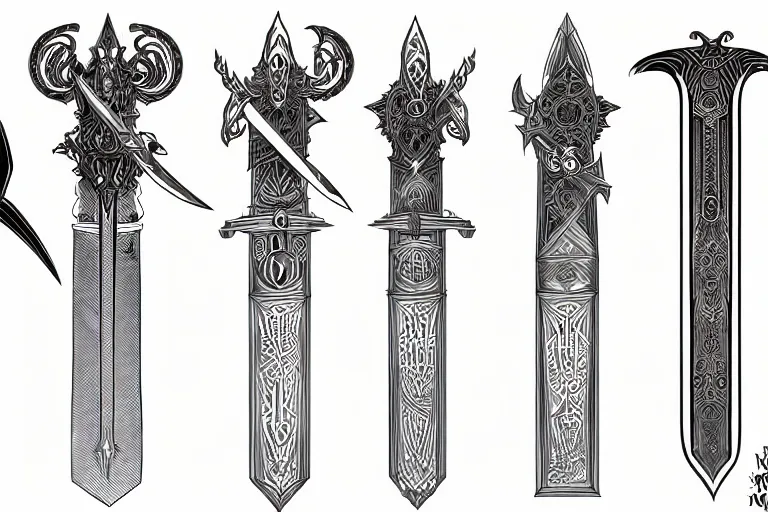 Image similar to design sheet of various magic swords, intricate linework, swords, blades, weapon designs, clean lines