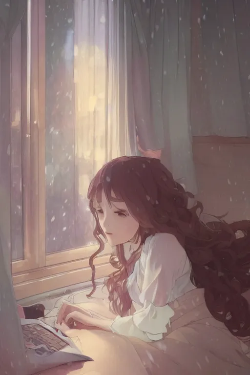 Image similar to a girl in a maid's outfit in the bedroom typing front the notebook a night, raining outside the window, wavy white long hair, by krenz cushart and mucha and akihito yoshida and makoto shinkai and greg rutkowski, 4 k resolution