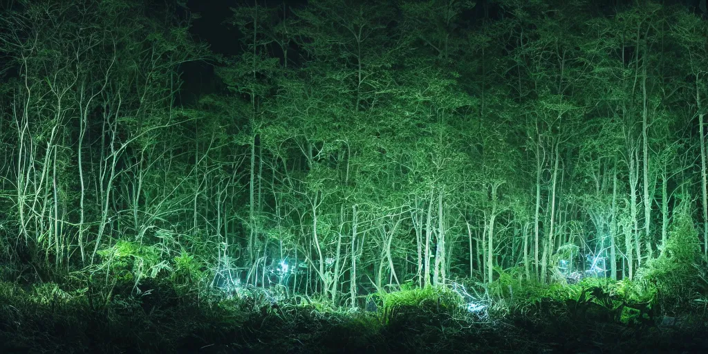 Image similar to soft bioluminescent forest at night. deep blacks. color adjusted. 4 k cinematic cg weta weta weta lut balanced perfect lighting colorgraded