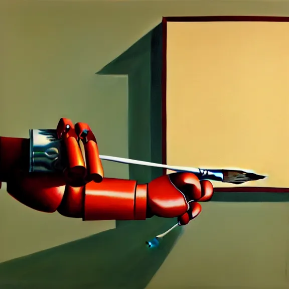 Image similar to a beautiful illustration of a robotic arm holding a paintbrush in front of a canvas by Edward Hopper, clean lines, very detailed, colorful octane render