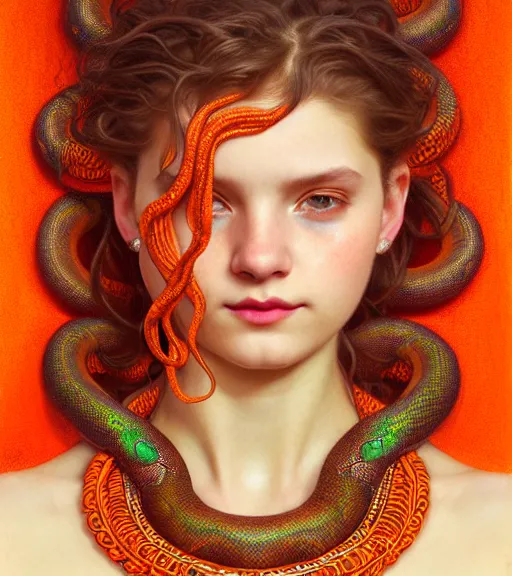 Image similar to portrait of teenage medusa, snake hair, naughty smile, wearing an embroidered orange tunic, intricate, sensual, sultry, elegant, copper and emerald jewelry, glowing lights, seductive, highly detailed, digital painting, artstation, concept art, smooth, sharp focus, illustration, art by wlop, mucha, artgerm, and greg rutkowski