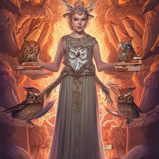 Image similar to a portrait of a older anya taylor - joy as the goddess minerva surrounded by stacks of books, owls, bioluminescent gown with deep level of detail of esoteric symbols, urban motifs, intricate, elegant, highly detailed, digital painting, trending on artstation, smooth sharp focus, illustration, art by artgerm and greg rutkowski