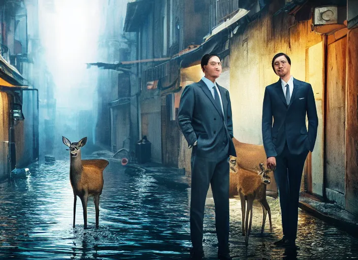 Image similar to a very high resolution image from a new movie, two deer wearing suits, in a narrow chinese alley, surrounded by water vapor, beatiful backgrounds, dramatic lighting, directed by wes anderson