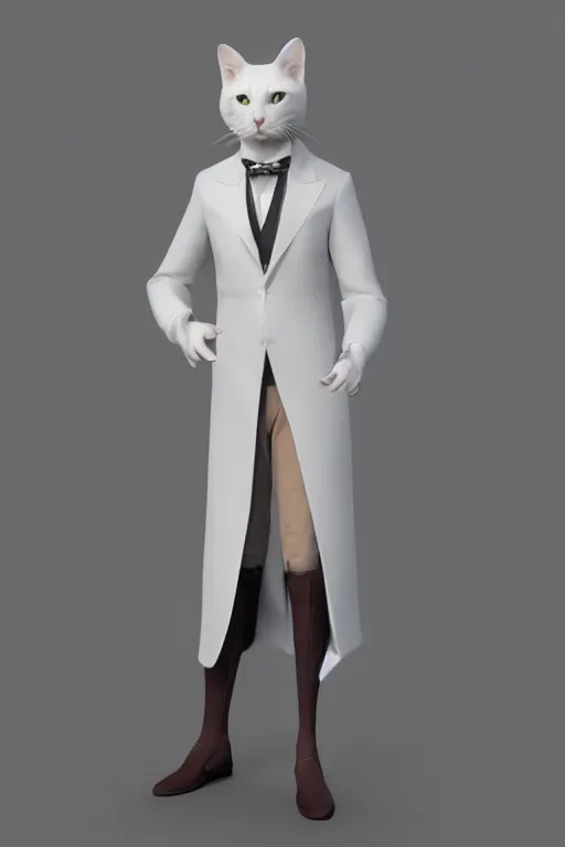 Image similar to a white cat wearing a formal overcoat, hyperrealistic, concept art, octane render, unreal engine 5, trending on DeviantArt, highly detailed, high quality, 8K, soft lighting, cute, natural lighting, realistic face, trending on Artstation, elegant clothes, profile picture, path traced