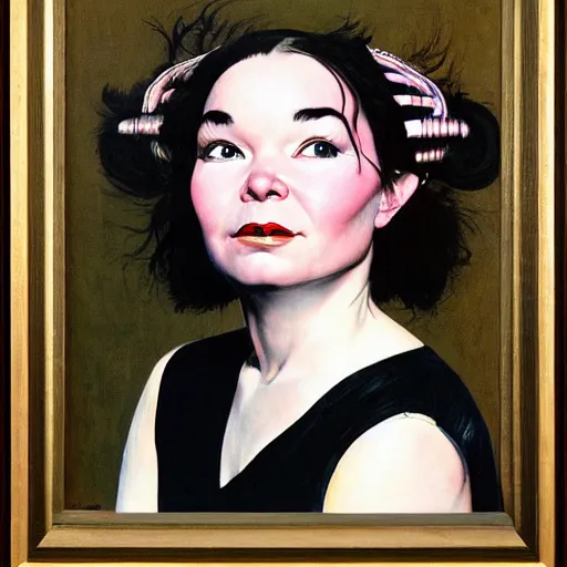 Prompt: a portrait painting of Bjork. Painted by Norman Rockwell