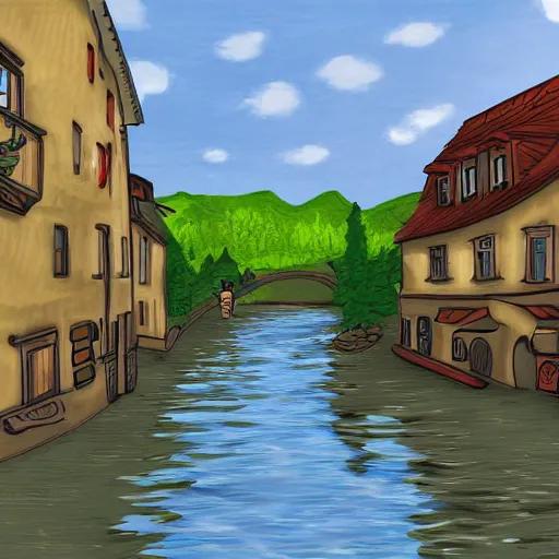 Image similar to digital art painting of a river running through a european town, very mediocre, not detailed at all.