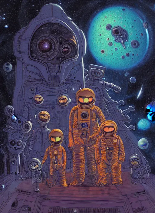 Prompt: detailed image of a creepy family in the deep space, by Ernest Renard and Skottie Jeune, rich deep colors. Masterpiece! intricate artwork, very coherent symmetrical artwork, cinematic, hyper realism, high detail, octane render, unreal engine, 8k, Vibrant colors, Smooth gradients, High contrast, depth of field. by Katsuhiro Otomo, full body character drawing, inspired by Evangeleon, clean ink detailed line drawing, intricate detail, extremely detailed.