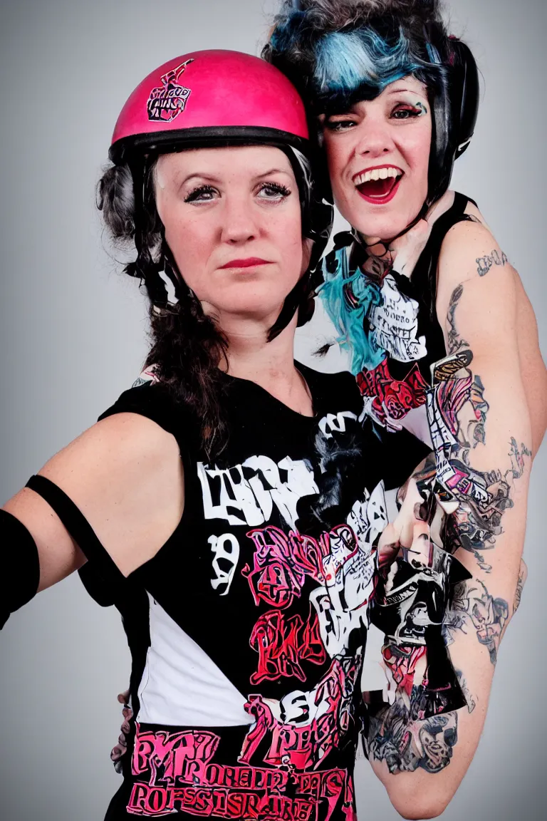 Prompt: photo portrait of a vintage 1 9 8 0 s badass roller derby girl, professional photograph