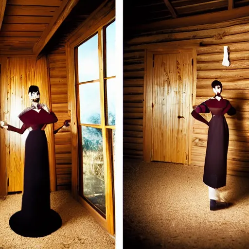 Image similar to medium format photograph of a surreal fashion shoot in a log cabin, camera flash