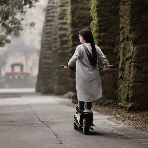 Image similar to a female made out of stone rides a scooter, 5 0 mm lens, f 1. 4, sharp focus, ethereal, emotionally evoking, head in focus, volumetric lighting, 8 k